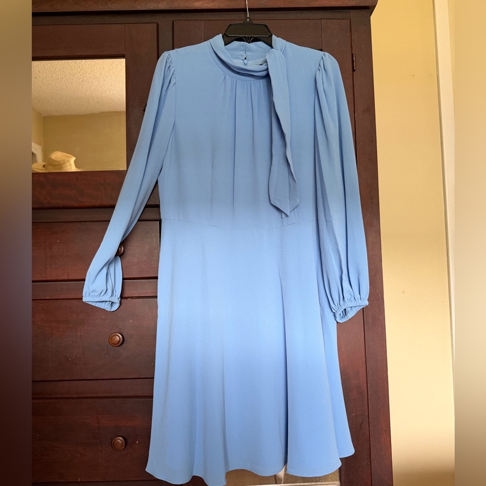Maggy London New Soft Blue Tie-Neck long sleeve dress, size 14P.